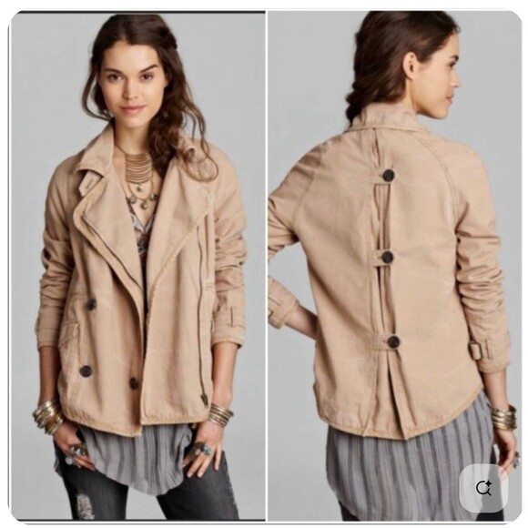 Free People Tipped Canvas Car Coat Tan Brown Floral Lined Jacket XS - Picture 1 of 13